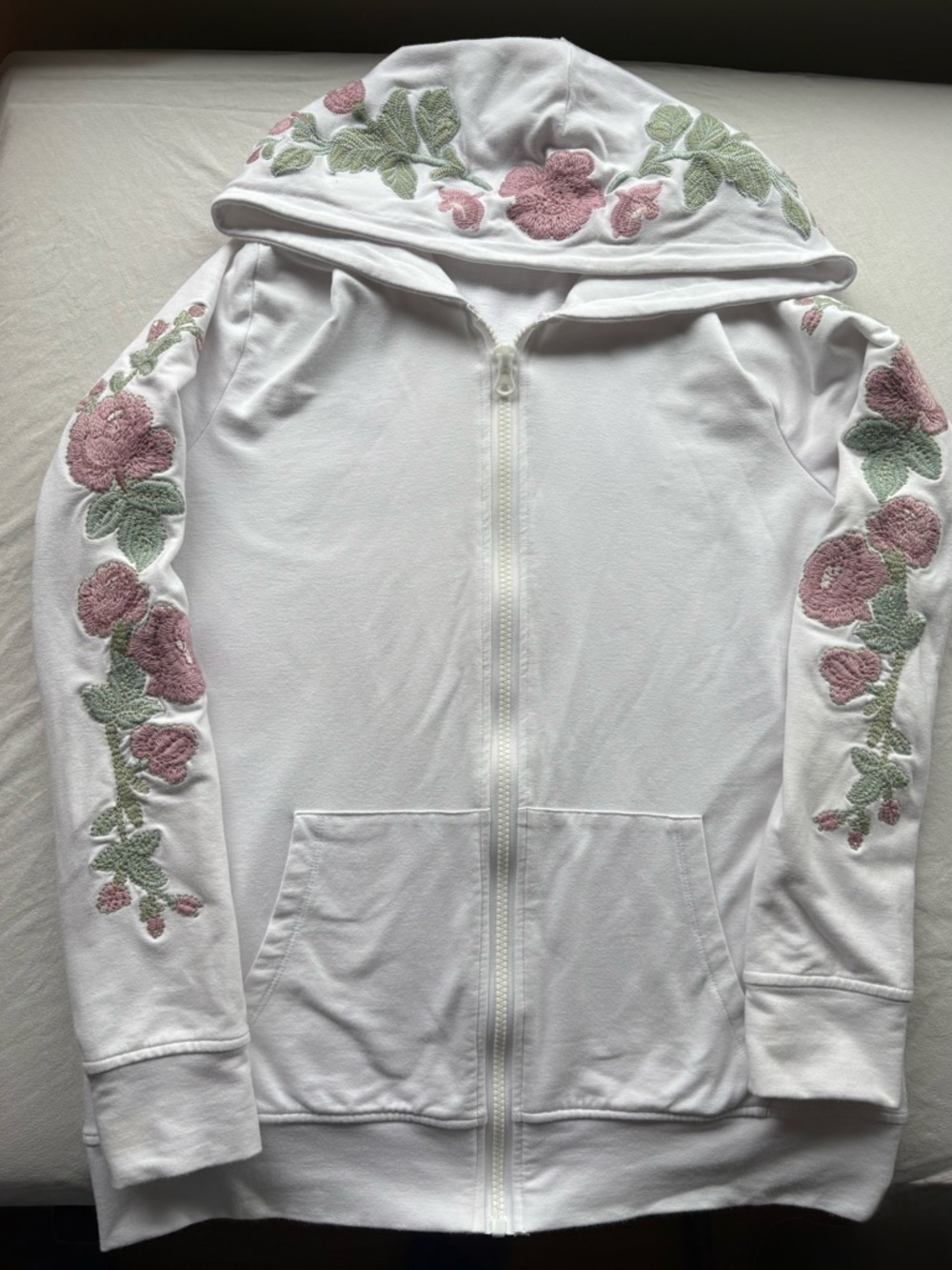 White Floral Embroidered Zip Hoodie Tribal